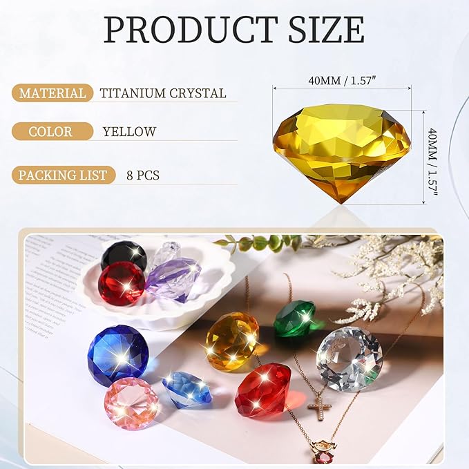 PATIKIL 8 Pcs Diamond Crystal Paperweight, 40mm / 1.57 Inch Crystal Paperweight Paper Weight for Home Office Desktop Table Decor Wedding Party Jewelry Ornaments, Yellow