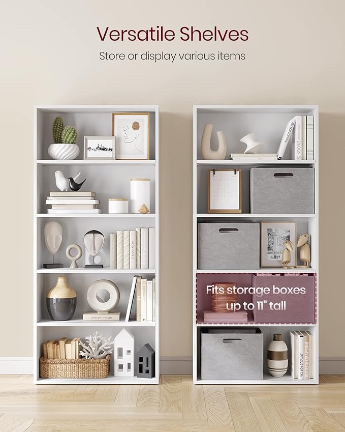 VASAGLE Set of 2 Bookshelves, 23.6 Inches Wide, 5-Tier Open Bookcases with Adjustable Storage Shelves, Floor Standing Units, Cloud White ULBC165T14-2