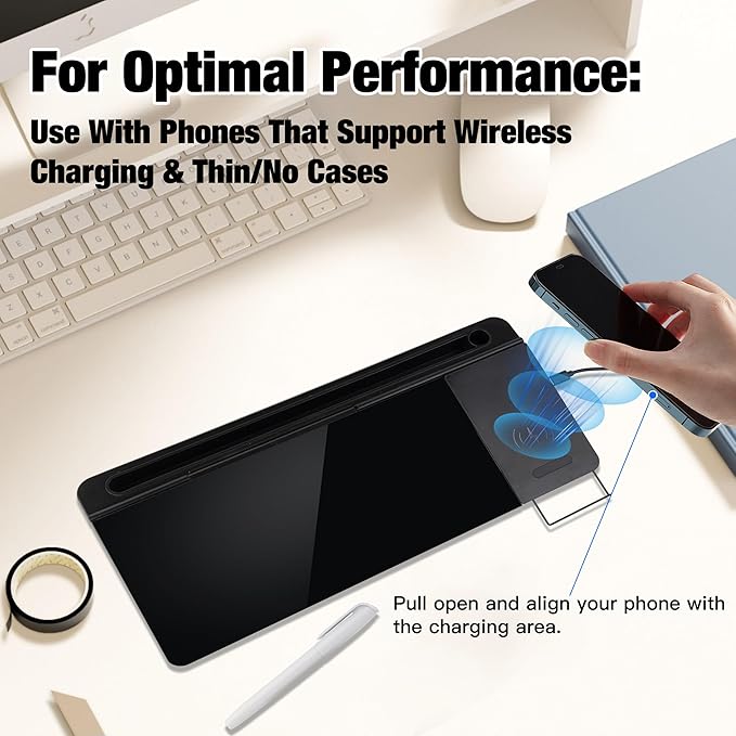 Glass Desktop Whiteboard with Wireless Charger & Storage, Desk Dry Erase Note Memo Board, Compact Desk Organizer for Desk, Office, School Supplies, Black, 2026