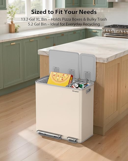 Dual Trash and Recycling Bins for Kitchen, 13.2 + 5.2 Gal (50+20L) Stainless Steel Trash and Recycle Bin Combo with Soft-Close Lid, Large Garbage Cans for Kitchen Home with 2 Magnets Sticker, Apricot