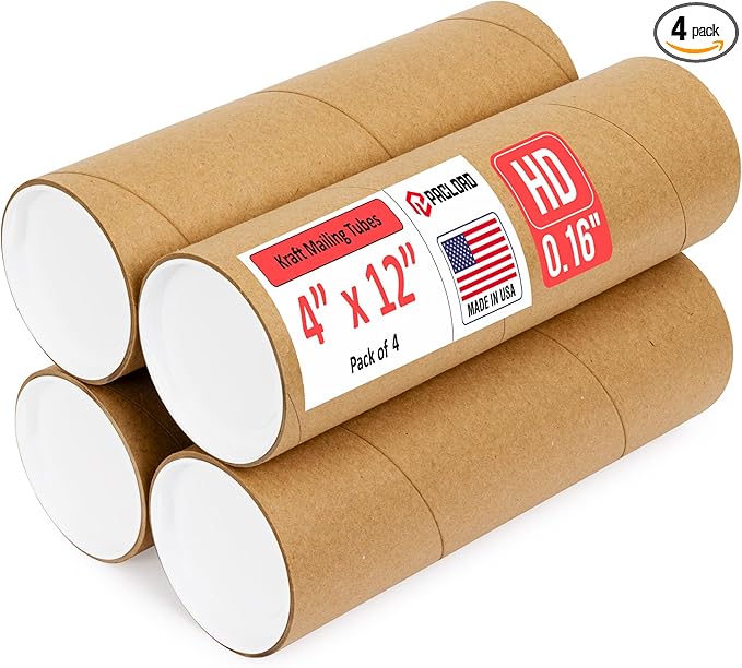 Paclord 4" x 12" Heavy-Duty Reinforced Cardboard Mailing Tube, Pack of 4 Tubes with 8 Caps – Secure USPS Approved – Great for Shipping and Storing of Prints, Artwork, Posters or Documents