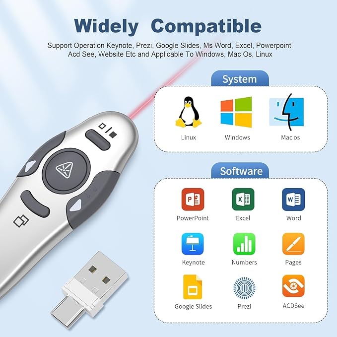 QUI Presentation Clicker Wireless Presenter Remote Clicker for PowerPoint Presentation Remote, PowerPoint Slide Advancer for Mac/Windows/Linux, Google Slide/PPT/Keynote, USB A&C, Silver