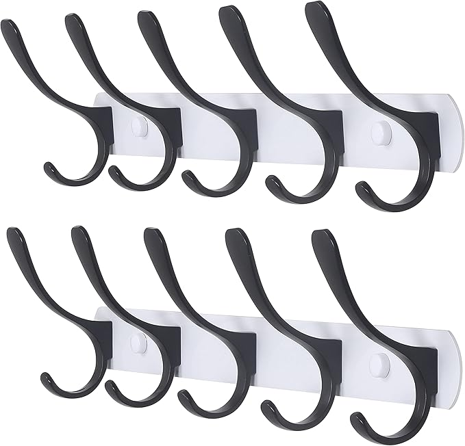 SKOLOO Modern Metal Wall Coat Rack with 5 Hooks, Pack of 2, Sturdy Wall Hook Rack Rail for Hanging Coat, Jacket, Clothes, Hat, Black on White