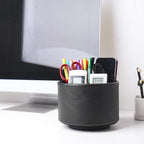 Hennaja Round Leather Art Supply Organizer,Remote Control Holder,360 Degree Spinning,Multi-Functional Pencil Holder,4 Compartments Desktop Stationary Organizer(1-Crazy Black)