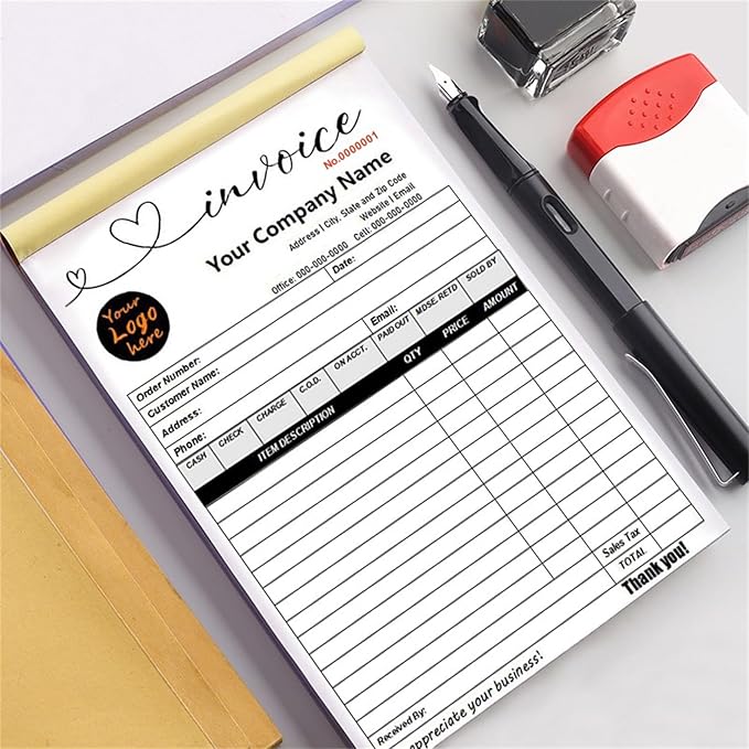 Custom Invoice Book in 3-Part /2-Part Receipt Book with Carbon Copies Personalized Carbonless Service Invoice Form Books Sales Order Book with Company Name Logo Address,F-Invoice Book with Logo