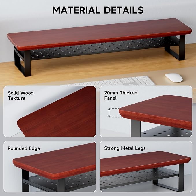 NestNeat Dual Monitor Stand, 35.4 Inch Monitor Stand Riser for 2 Monitors, 2 Tiers Wood Desk Shelf with Storage, Desktop Organizer Stand for Computer, Laptop, Printer, TV (Reddish Brown, 35.4in)