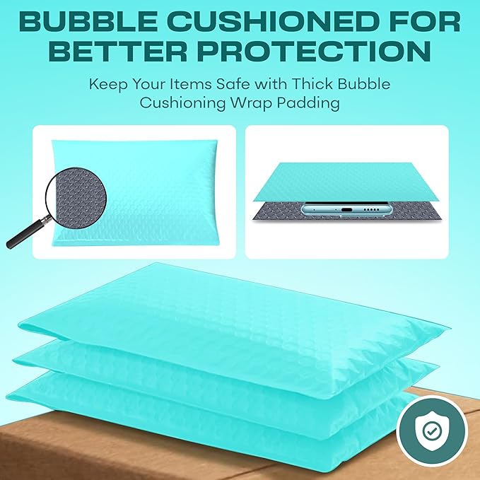 Teal Poly Bubble Mailers 7.25x12 inch #1 | Self Seal Padded Envelopes | Cushioned Bubble Mailer | Usable Size 7.25x11 | WaterProof | Lightweight mailing Shipping Bags | 100 Pack Bulk