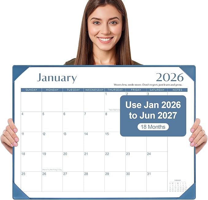 Gannyfer Desk Calendar 2026 with Desktop Mat, Simplified Large 22" x 17" Desktop Pad Calendar, 18 Month Desk Calendar 2026-2027, Use Jan 2026 to Jun 2027, Office Supplies Perfect for Home School and Office - Blue