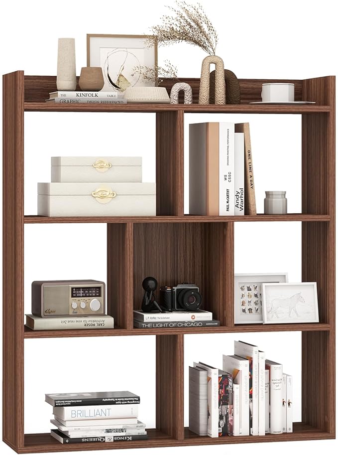 Giantex 7 Cube Bookshelf, Free-Standing Wooden Bookcase, 4 Tier Home Display Shelf, Horizontal Storage Unit w/Anti-Toppling Devices, Open-Back Display Rack for Study, Bedroom, Living Room, Walnut