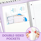 SUNEE Spiral Notebook, 1-Subject, College Ruled Paper, 8" x 10-1/2", 100 Sheets per Notebook, 3-Hole Punched Paper, Water Resistant Cover, Double-sided Pockets, Spiral Lined Notebooks for Work, Purple