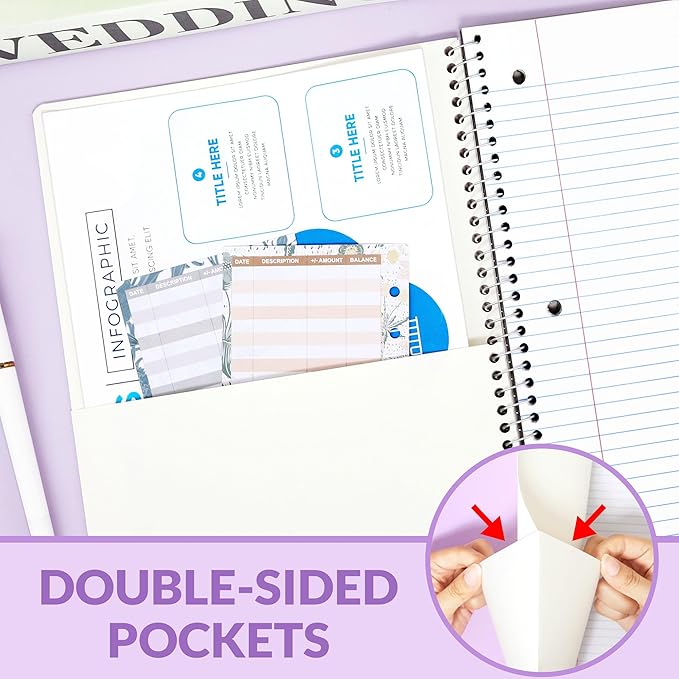 SUNEE Spiral Notebook, 1-Subject, College Ruled Paper, 8" x 10-1/2", 100 Sheets per Notebook, 3-Hole Punched Paper, Water Resistant Cover, Double-sided Pockets, Spiral Lined Notebooks for Work, Purple