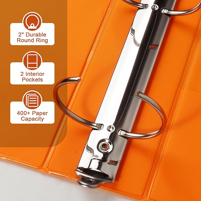 CIXILDTS 2-inch Round Ring Binder, Durable 2" 3 Ring Binder Fit Letter Size Paper, Orange, 6-Pack
