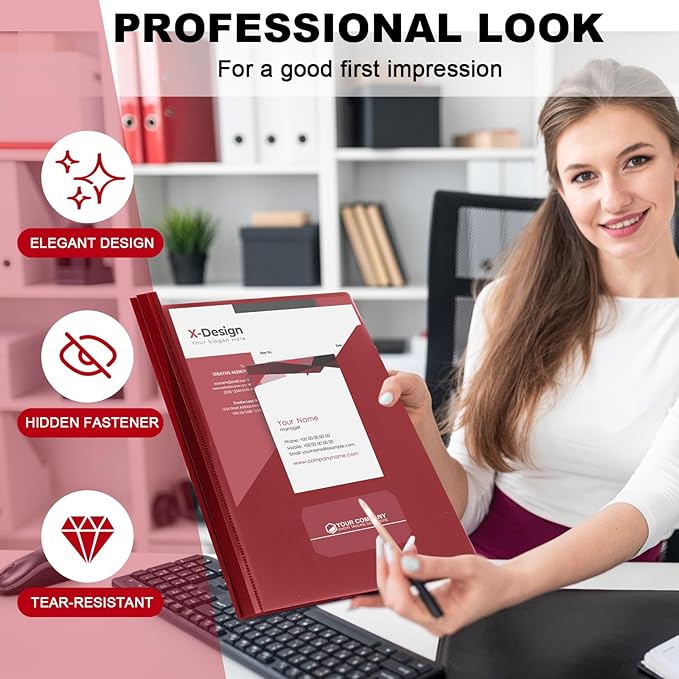 Teling 24 Pcs Clear Front Report Covers with 3 Prongs, Plastic Dark Red Presentation Folders Bulk with 3 Pockets for A4 and Letter Size Paper, 90 Sheet Capacity, Document Covers for School Business