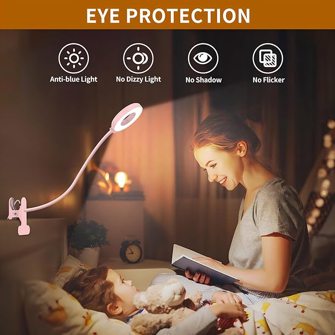 iZELL Desk Lamp, LED Reading Light with Clamp, 3 Color Modes & 10 Brightness Flexible Arm Book Light for Kids Reading Book in Bed at Night Clip on Table, Computer, Zoom Meetings - 27.6‘’ Pink