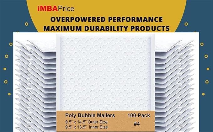 iMBAPrice 9.5x14.5 Inch White Poly Bubble Mailers #4, 100-Pack Large Padded Envelopes, Self-Seal Polybubble Shipping Bags for Mailing & Packaging
