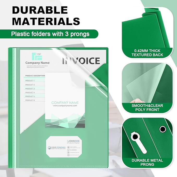 Teling 48 Pcs Clear Front Report Covers with 3 Prongs, Plastic Green Presentation Folders Bulk with 3 Pockets for A4 and Letter Size Paper, 90 Sheet Capacity, Document Covers for School Business