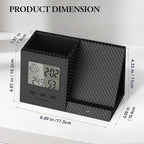 TopMade Wireless Charger with Pen Remote Holder, Multi-Functional Leather Nightstand Organizer Fast Charging Station, Digital Thermometer and Humidity Gauge, Desktop Storage (Black Carbon Fiber