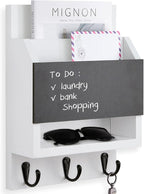 Lucundm Key and Mail Holder for Wall, Key Holder with Chalkboard and Long Storage Box, Key Hanger with 3 Sturdy Hooks for Coat, Dog Leash, Entryway Mail Organizer (White)