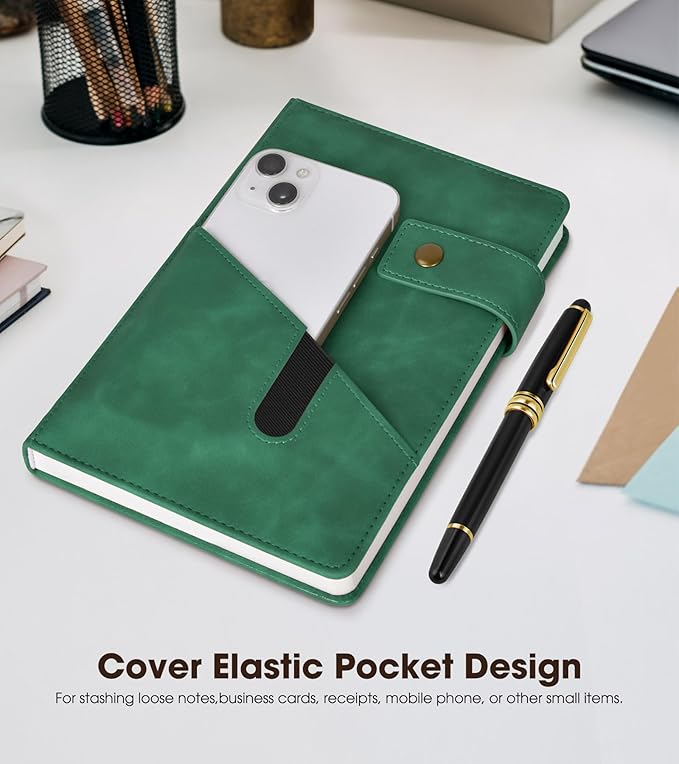 vfaejll Green A5 Lined Leather Journal Notebook for Men Women,5.9" X 8.4" Personalized Hardcover Journal with Pen,200 Pages 100 Gsm Thick Ruled Paper Daily Diary for School,Travel,Work,Writing