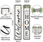 Double-sided Welcome to Our Home Wooden Sign Stand with Magnetic-adhesive Wreath for Front Door, 47" Vertical Farmhouse Welcome Porch Sign, 2in1 Large Tall Porch Leaner Decor for Outdoor Patio Garden