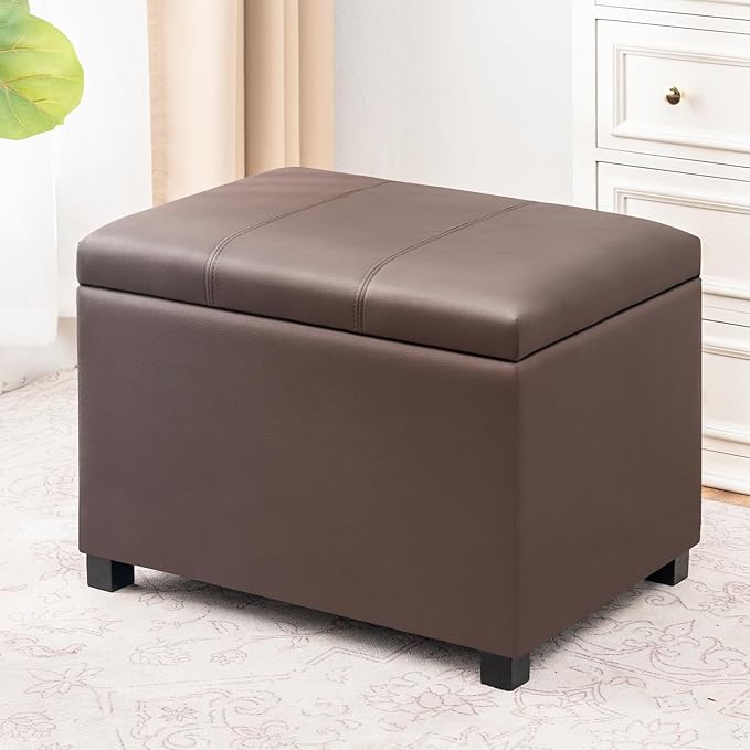 Joveco 24" Leather Storage Ottoman Bench, Rectangle Foot Rest Stool for Living Room, Bedroom, Entryway, Brown