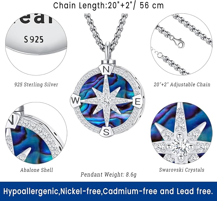 Compass Necklace for Women Men 925 Sterling Silver Pendant Urn Necklaces for Ashes Picture Locket Necklace Anchor Necklace Viking Necklace Crystals CZ Moonstone Abalone Shell Turquoise Compass Jewelry