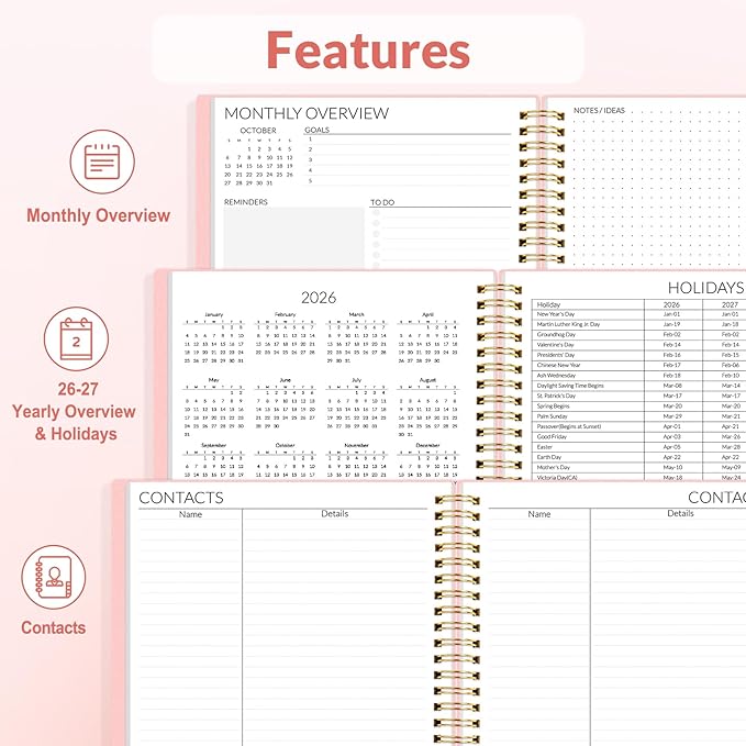 SUNEE 2026-2027 Planner - 24 Months (Jan 2026 - Dec 2027) - 7"x10" Monthly Spreads & Yearly Planner, Pink