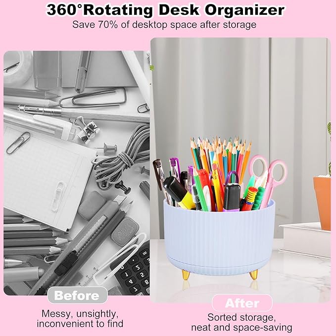 Gawsey Desk Organizers and Accessories Set with 360-Degree Rotating Pen Holder, Tape Dispenser, Stapler, Staple Remover, 1000 Staples, Tape, Clips Set, Ruler, Scissor, Pen