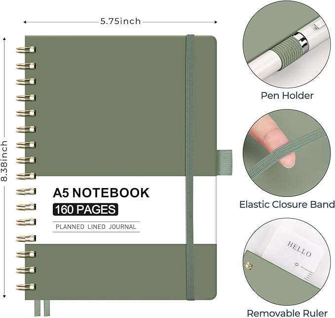 AHGXG Spiral Journal Notebook, 160 Lined Pages, A5 Medium Size (5.7'' x 8.3''), for Men & Women, Journaling, Writing, Work & Office, Hardcover, 100 GSM Thick Paper (Light Green)