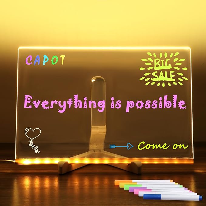 Acrylic Dry Erase Board with Light 11.8 X 7.9” Clear Light up Dry Erase Board with Stand Desktop Glow Memo LED Letter Rewritable Message Board White Board LED Note Board with 7 Color Markers
