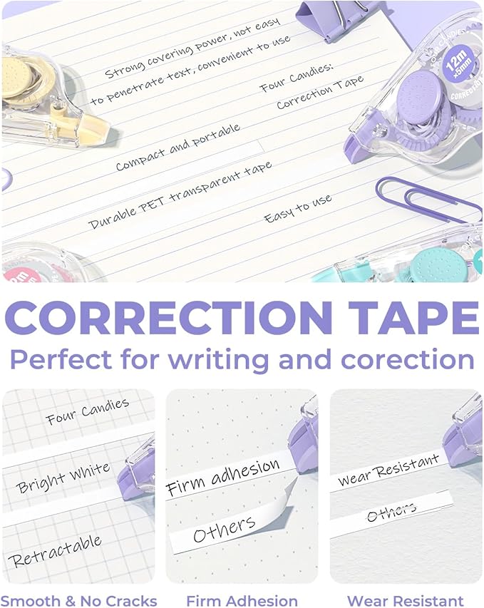 Four Candies White Correction Tape, 39.4 Feet, 12 Pack Easy to Use Applicator for Instant Corrections, Tear-Resistant, Smooth & Quick-Drying Tape for Office & School Supplies