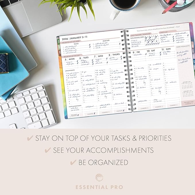 Essential PRO 2026 Daily, Weekly & Monthly Planner, 7"x9": 14 Months (Nov 2025 - Dec 2026) Monthly Tabs,Daily Tracking,Notes Pages,Storage Pocket,Bookmark w Sticky Notes (Rainbow Petals)