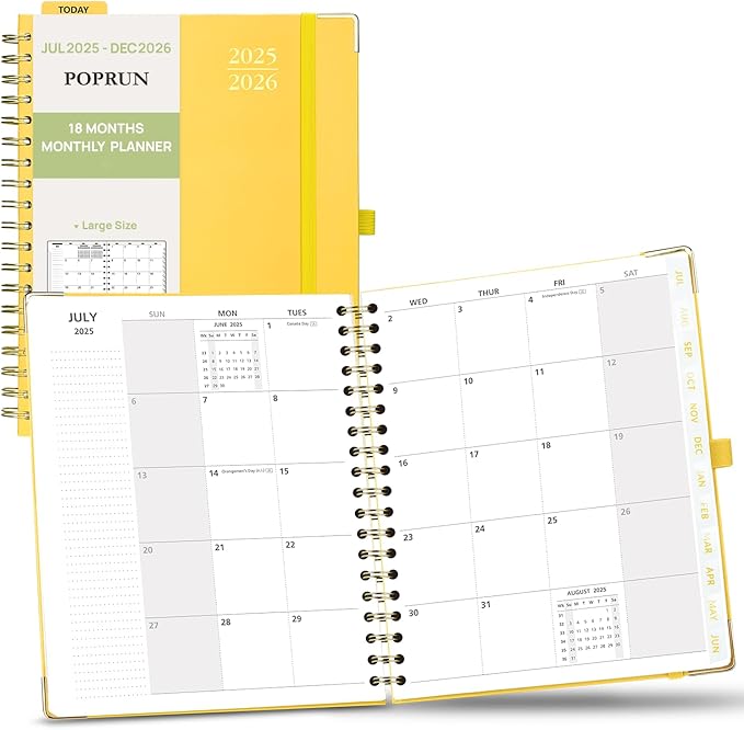 POPRUN Monthly Planner 2025-2026 Spiral Hardcover (8'' x 10''), 18 Months Calendar (Jul.2025 - Dec.2026) - 2 Pages per Month with Dotted Note Pages, Sunday Start, Laminated Tab - Light Yellow