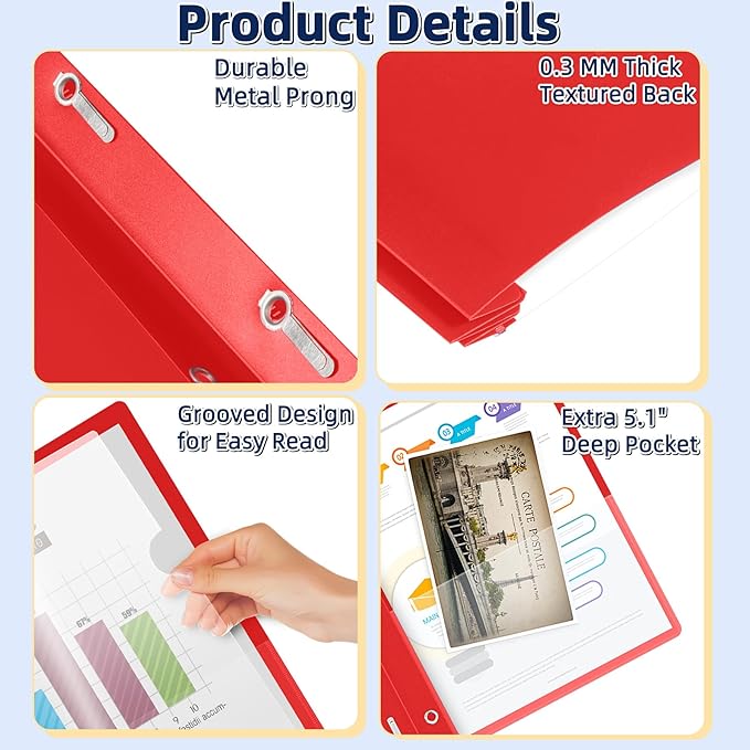 HAUTOCO 12 Pack Plastic Report Covers with 3-Prong Fasteners Clear Front Presentation Folders Resume Folders for 8.5x11 Letter Size Paper, Document Report Cover for School Office Business, Red