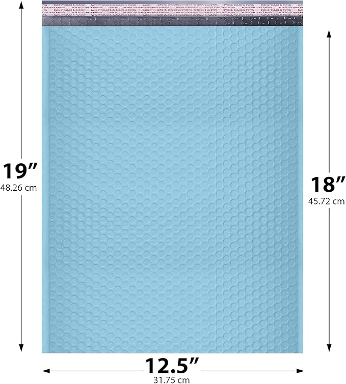Light Blue 12.5x19.5 Inch Large Poly Bubble Mailers #6 | Padded Envelopes with Self Seal | Air Lined Cushioned Bubble Mailer | Usable Size 12.5x15 | 50 Pack Bulk | Lightweight shipping Bags