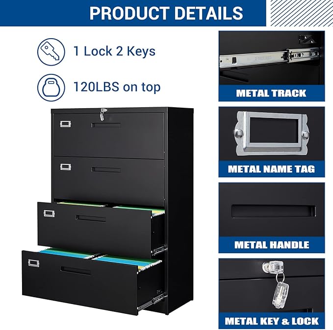 Fesbos Lateral File Cabinet with Lock, 4 Drawer Large Metal Filing Cabinet,Home Office Lockable Storage Cabinet for Hanging Files Letter/Legal/F4/A4 Size-Assembly Required