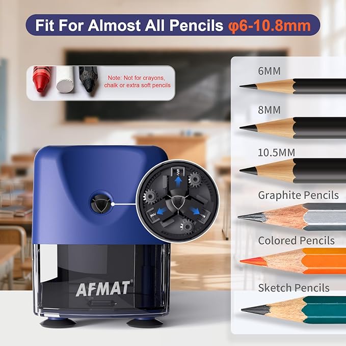AFMAT Electric Pencil Sharpener, Cordless & Rechargeable, Heavy Duty Classroom Pencil Sharpeners for 6-11mm Pencils, Auto Stop, 2s Fast Sharpening, Battery Powered, 10,000 Sharpenings, Blue, PSD3