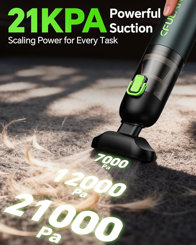Cfulan Car Vacuum Portable Cordless, 21KPa 4-in-1 Handheld Mini Vacuum Cleaner with 8 Attachments, 3 Suction Modes, One-Touch Empty, Type-C Charge, Hand Vacuum for Car, Home, Keyboard, Small Job