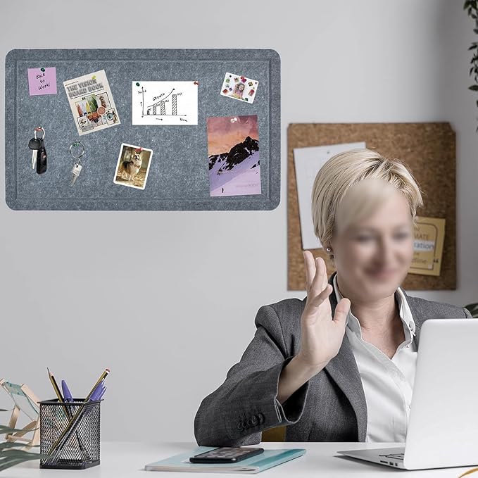 Vuzvuv Dark Grey 28"x16" Large Cork Board with 50 Push Pins & Sticky Notes, Self-Adhesive Bulletin Board for Wall, Felt Pin Vision Board for Paste Notes,Schedules Offices Home
