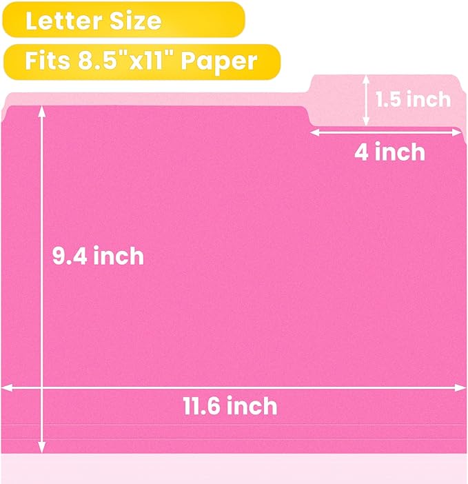 SUNEE File Folders, 30 Pack Manilla Folders 8.5 x 11, Colored File Folders Home Office School Supplies for Documents Files Paper, Neon Pink