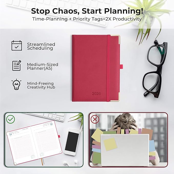 IN-luxpro Daily Planner 2026 with One Page Per Day,(A5-8.5" x 5.9"),12 Months Calendar Hourly Appointment Book Monthly Tabs & Self-adhesive Pen Holder,Inner Pocket, Vegan Leather Hardback,Rose Red
