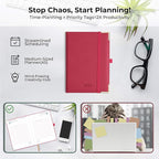 IN-luxpro Daily Planner 2026 with One Page Per Day,(A5-8.5" x 5.9"),12 Months Calendar Hourly Appointment Book Monthly Tabs & Self-adhesive Pen Holder,Inner Pocket, Vegan Leather Hardback,Rose Red