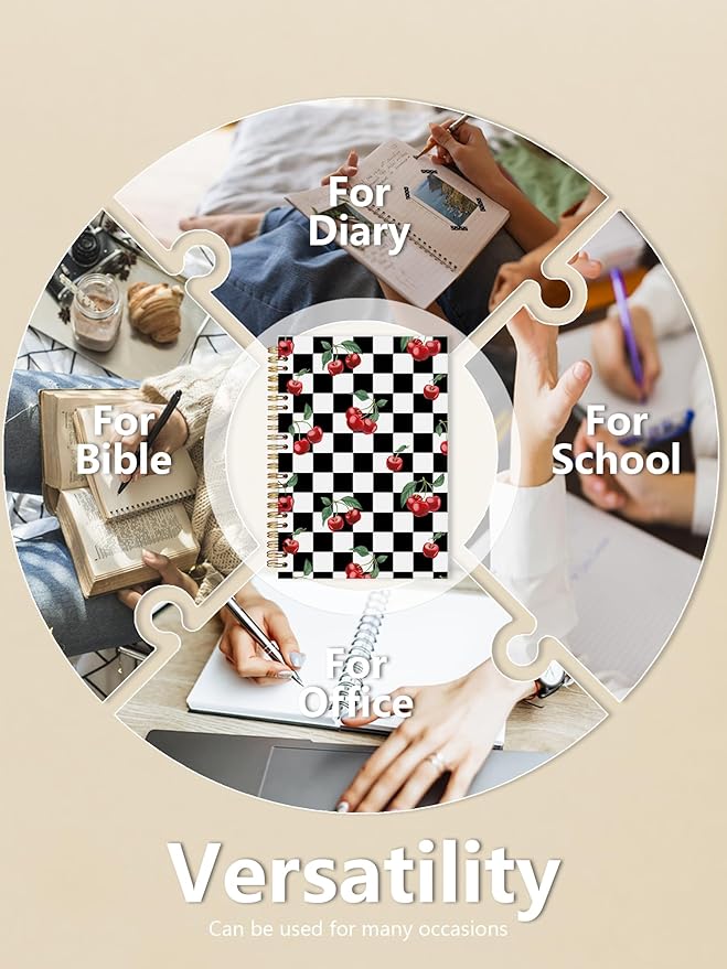 Black and White Checkered Spiral Notebooks - Retro Plaid Journal, Cherry Themed Gifts for Teen Girls Women, Cherry Hardcover sprial Notebook for Note Taking Writting, 5.5x8.3 Inch-352