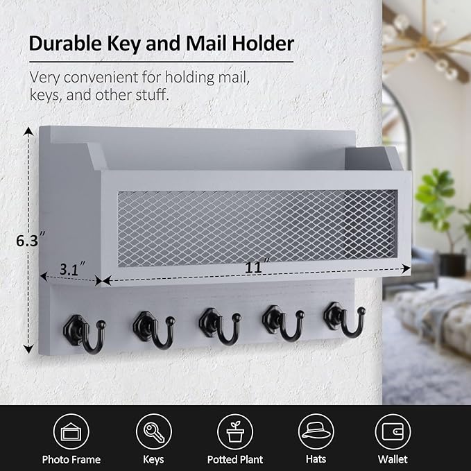 Nekon Mail and Key Holder for Wall Decorative, 11 Inch Wooden Wall Key Organizer with 5 Key Hooks, Wall Mount Storage Shelf for Entryway Hallway (Gray)
