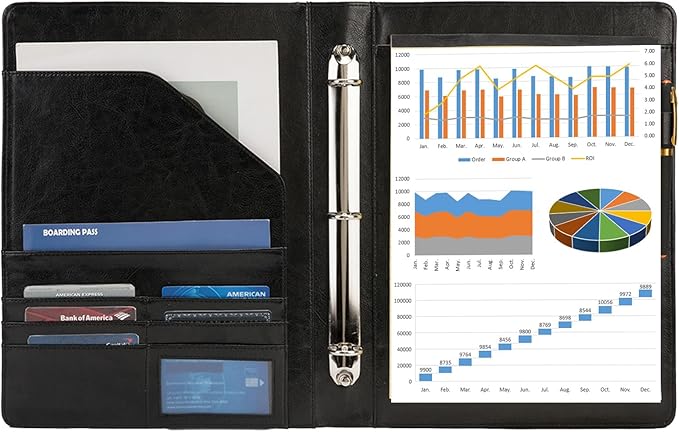 Geslun Vegan Leather 3 Ring Binder, 8.5 x 11 Letter Size Folio with Pen Holder, Soft Notebook Portfolio Cover, Slim Notepad Padfolio Thin File Organizer for Work Executive Meeting, Black