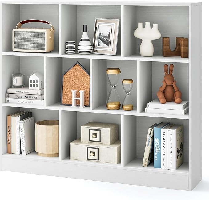Tangkula 10-Cube Bookshelf, 47.5”L Floor Bookcase with 2 Anti-Tipping Kits, Freestanding Storage Organizer, 4-Tier Display Shelf for Home, Office & Dorms, Natural/White (White, 10-Cube)
