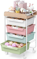 Rolling Storage Utility Cart With 4 Drawers,Kids Craft Art Cart,Makeup Organizer And Storage with Wooden Tabletop,Rainbow