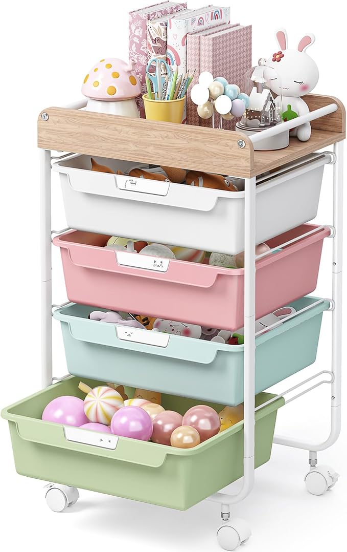 Rolling Storage Utility Cart With 4 Drawers,Kids Craft Art Cart,Makeup Organizer And Storage with Wooden Tabletop,Rainbow