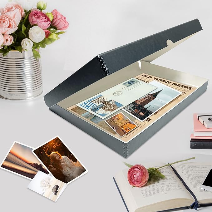 Lineco Folio Storage Box, Clamshell Design with Metal Edge. 16.5x20.5x1.75 Inches, Archival Boxboard, Preserve Photos, Cards, Magazines, Documents, Art, Ephemera, Family Records, Gray, Pack of 2