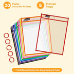 Gamenote 10 Pack Dry Erase Pockets with 5 Rings, 10 Assorted Colors 10x14 Oversized Reusable Plastic Sleeves, Clear Sheet Protectors, Teacher Supplies for Classroom Organization